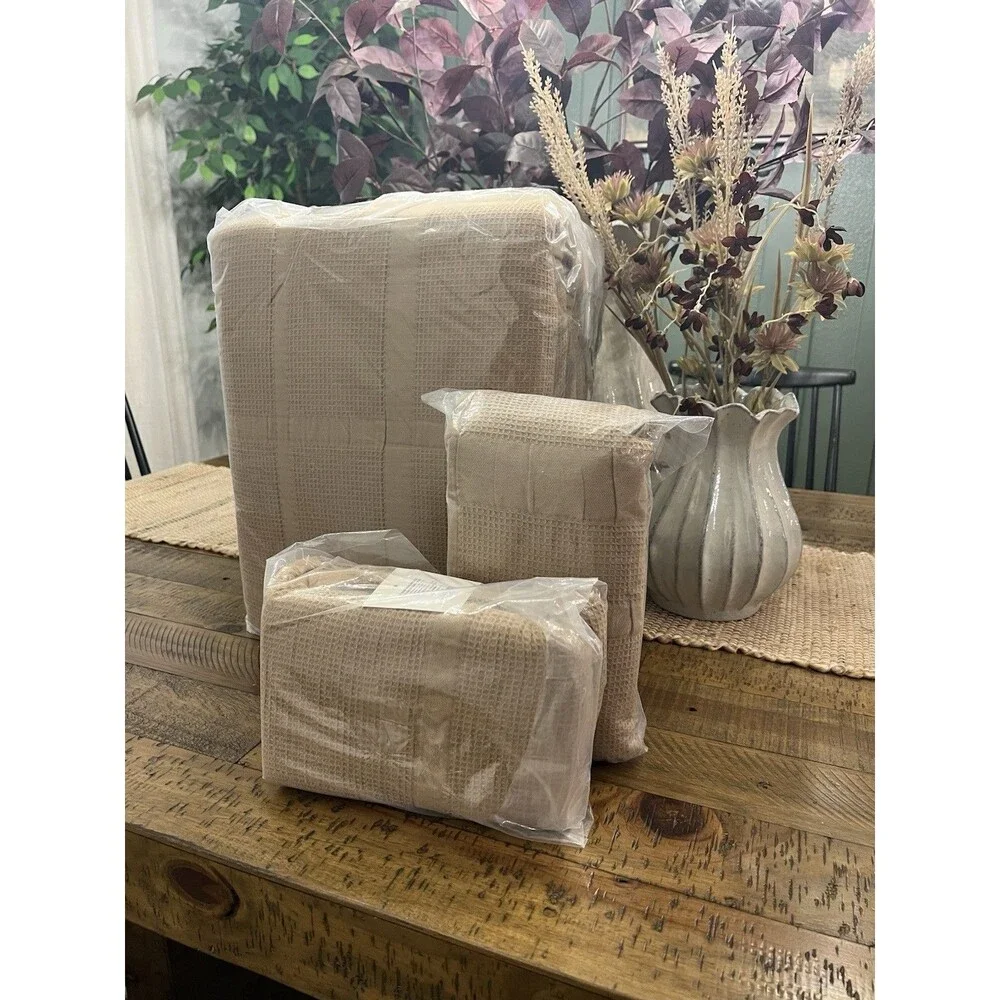 SET King+ Waffle Matelasse Quilt & 2 King Shams Camel Threshold Studio McGee NEW